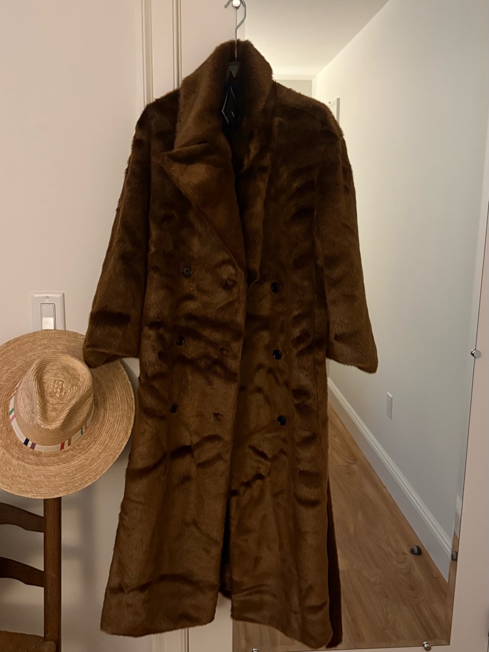 Mango Double-Breasted Brown Faux Fur Trench Coat